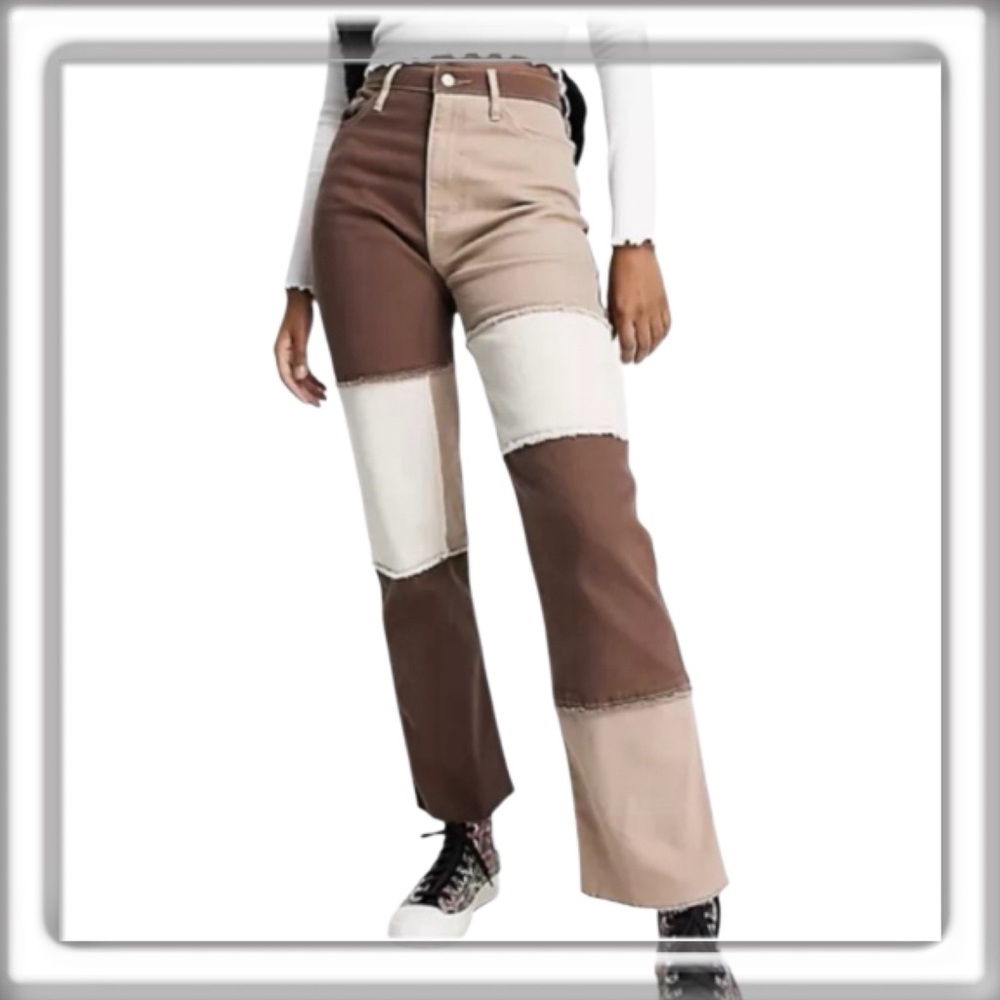 Hollister Brown Patchwork Ultra High Rise Dad Jean Straight Leg Size 5, 27